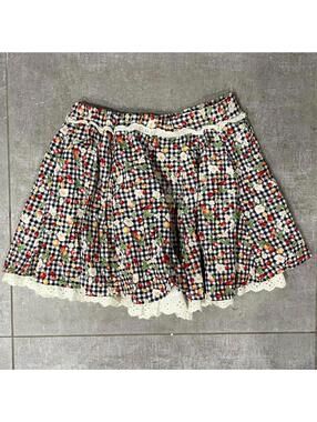 Vintage Gingham Plaid Mini Ruffle Skirt with Fruit Print